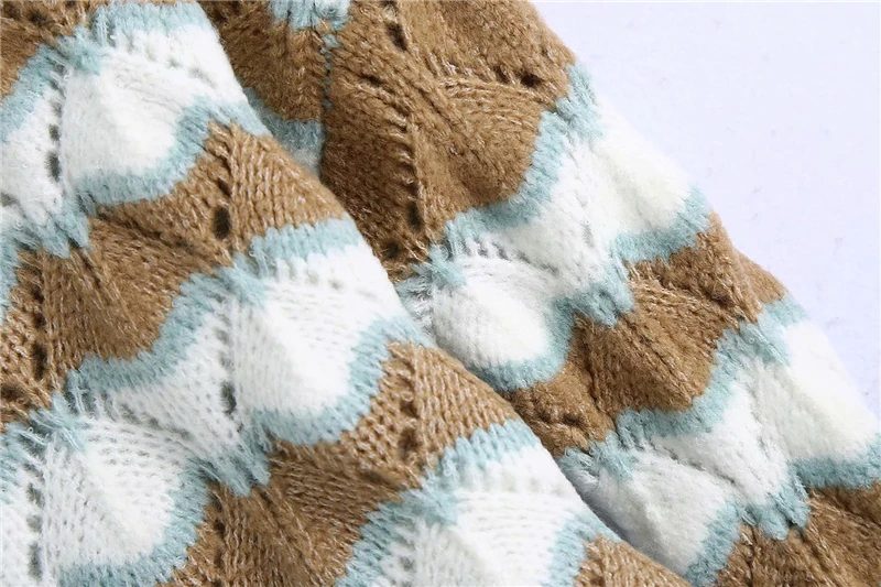 

Elegant Women O-Neck Sweaters 2020 Fashion Ladies Hollow Loose Knitted Tops Streetwear Female Chic Striped Patchwork Pullovers