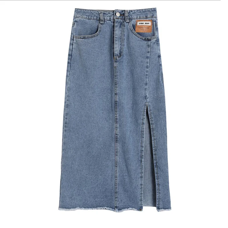

2021 Summer Women Korean Long Jeans Midi Loose Skirts Denim Blue Split High Waist Denim Vintage Female High Street FC1188