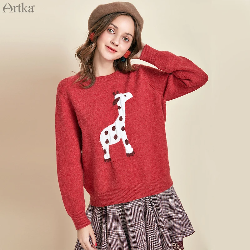 ARTKA 2019 Autumn Winter New Women Sweater Cute Animal O-Neck Pullover Long Sleeve Casual Loose Knitted YB11390Q | Женская одежда