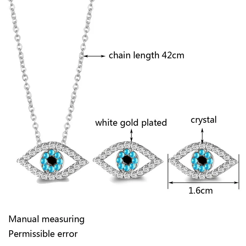 

SINLEERY Charm Luck Turkey Blue Evil Eye Blue Rhinestone Eye Necklace Earring Jewelry Set Silver Color For Women TZ447 SSF