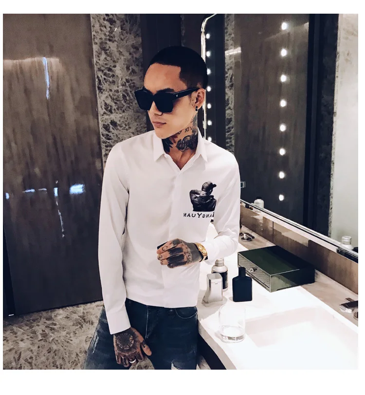 Осенняя мужская рубашка с принтом Camisa Hombre Повседневная приталенная рубашка Мужская Уличная рубашка Camisas Hombre черный смокинг для ночного клуба