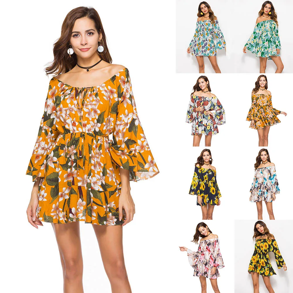 Сексуальное платье с открытыми плечами цветочным принтом эластичной талией