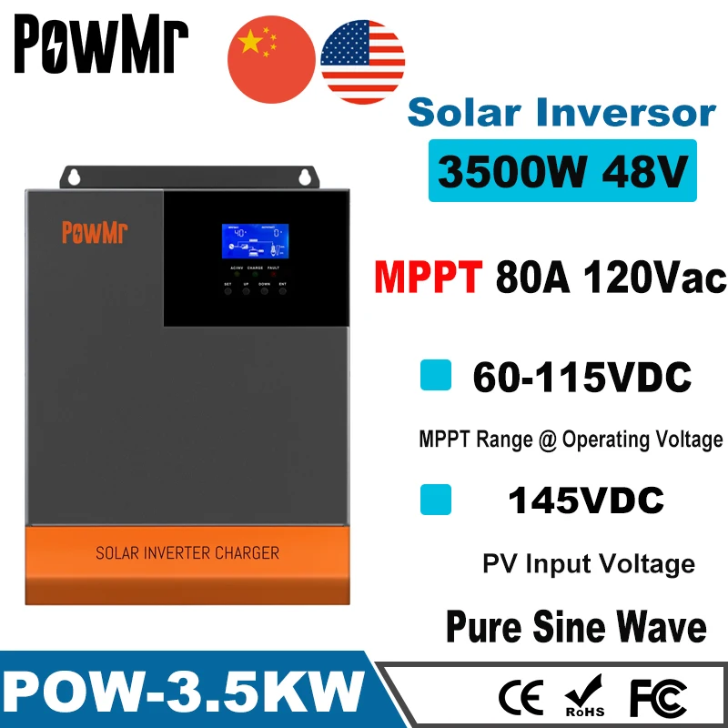 

Все-в-одном 3500W солнечный гибридный Инвертор Чистая синусоида DC 48V батарея AC 110V 120V Встроенный MPPT 80A Солнечный контроллер PV Max 145V