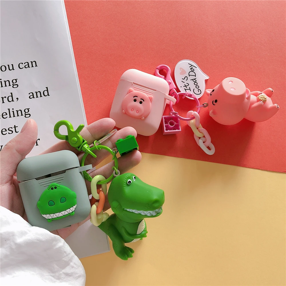 Милый мультфильм Силиконовые 3D анимация Рекс Зеленый Динозавр TWS Bluetooth наушники