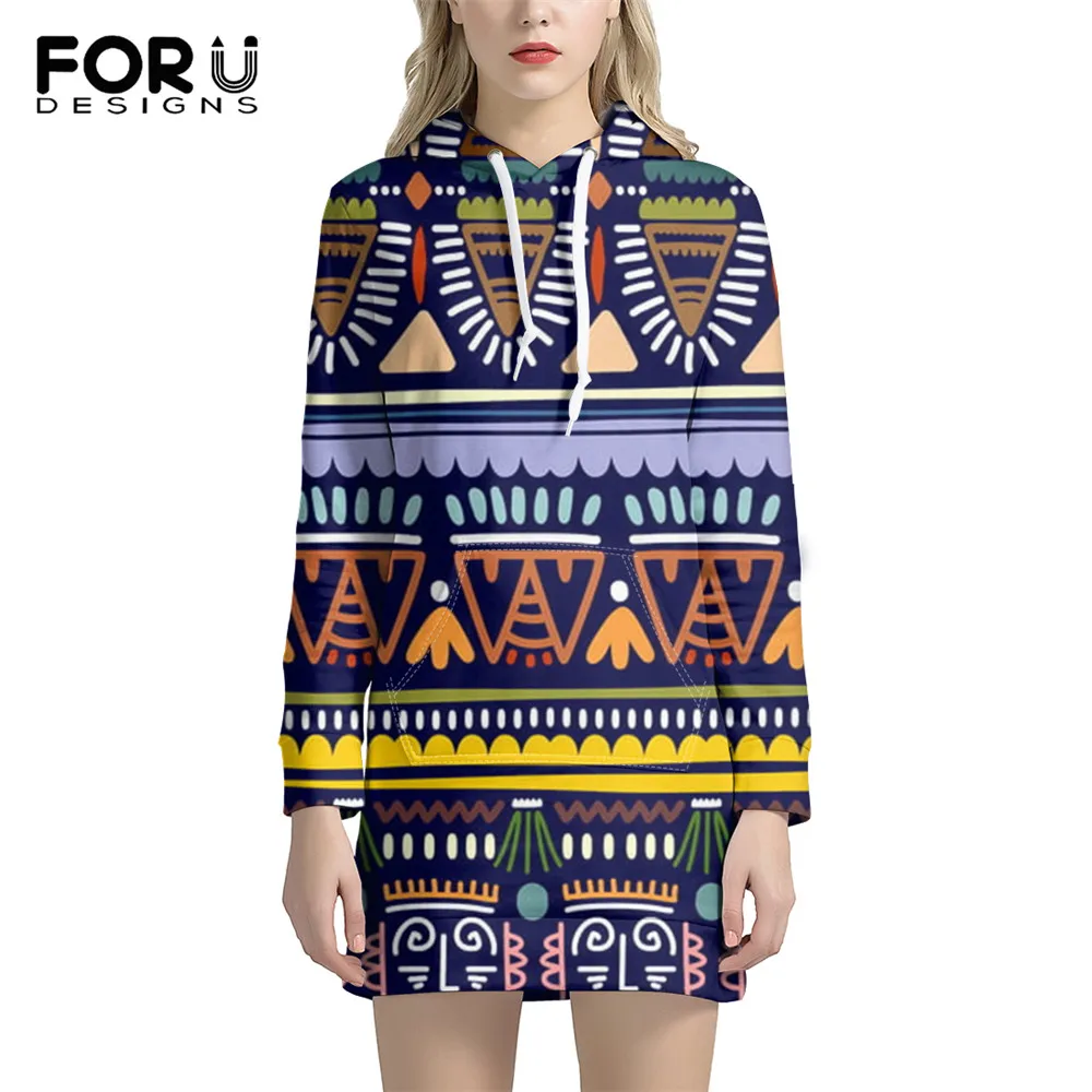 

FORUDESIGNS 2021 New Brand African Cultural Stripes Printing Women Loose Pullovers Autumn Lady Long Sleeve Hoodie Dress Females