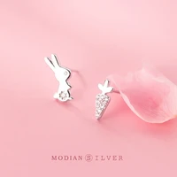 modian sparkling zircon cute rabbit carrot stud earring for women gift real 925 sterling silver asymmetry ear pin fine jewelry