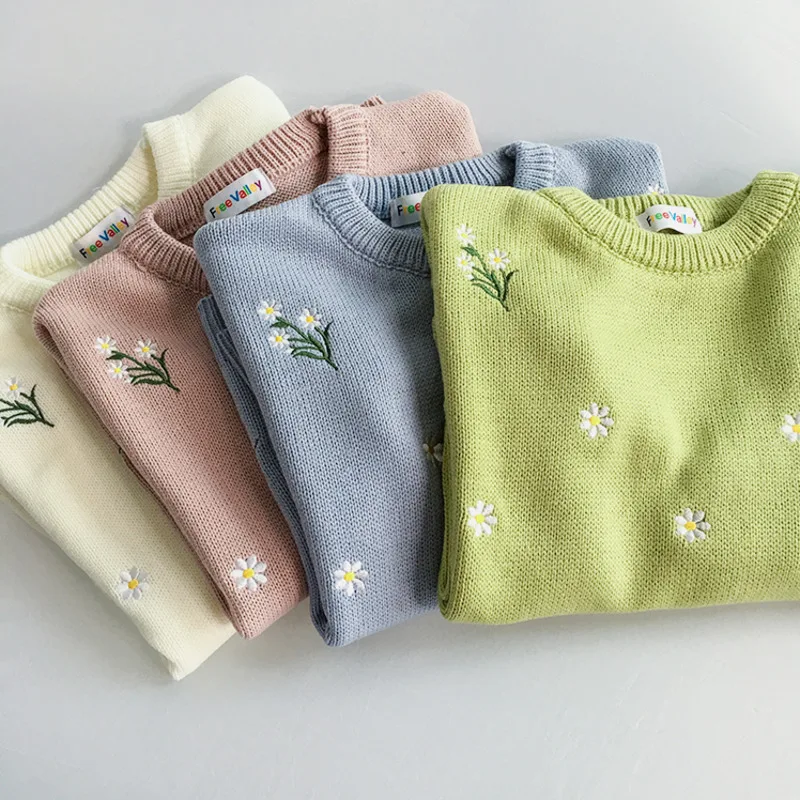 

PEONFLY 2020 Women's Kawaii Vintage College Loose Floral Embroidery Sweater Female Korean Loose Harajuku Jumper Ladies Pink Blue
