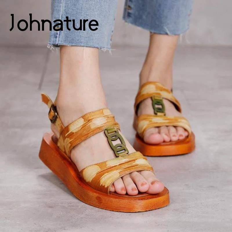 

Johnature Genuine Leather Retro Shoes Women Sandals Buckle Strap 2022 New Flat With Comfortable Handmade Concise Ladies Sandals