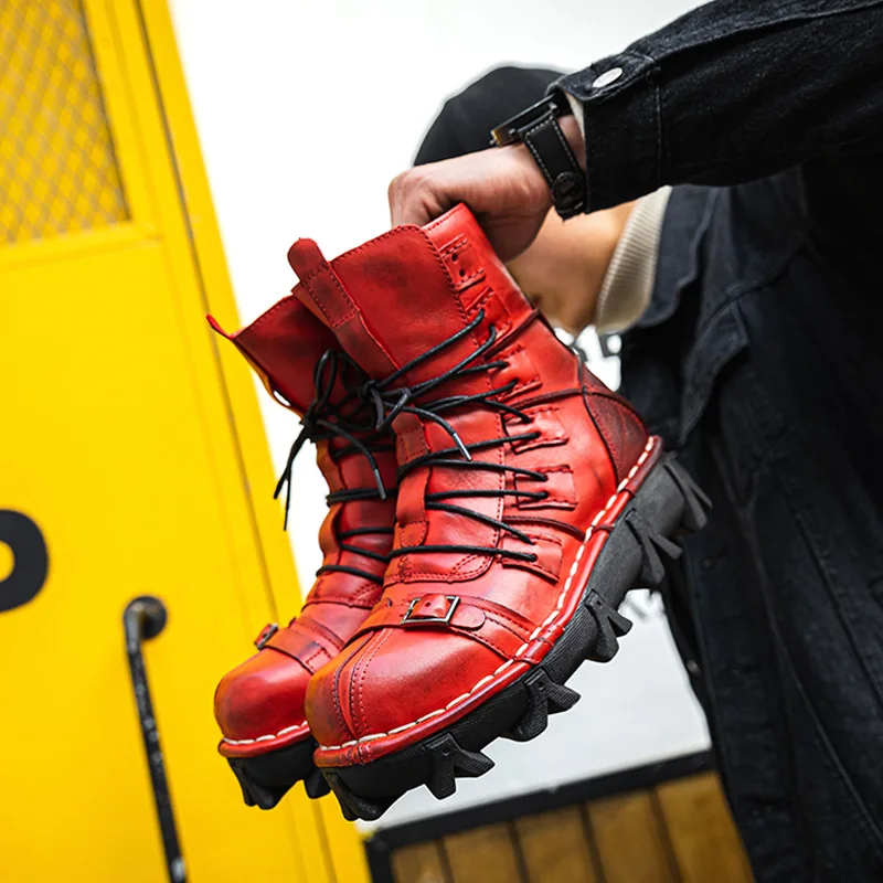 

Fashion Cowhide Genuine Leather Motorcycle Boots Military Uniform Boots Gothic Skull Punk Fashion Platform Mid-calf Boots 50