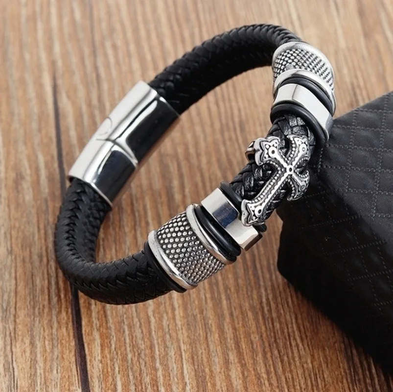 Vintage Handmade Leather Woven Cross Bracelet for Men, Adjustable Stainless Steel Leather Cord Bracelet image 3