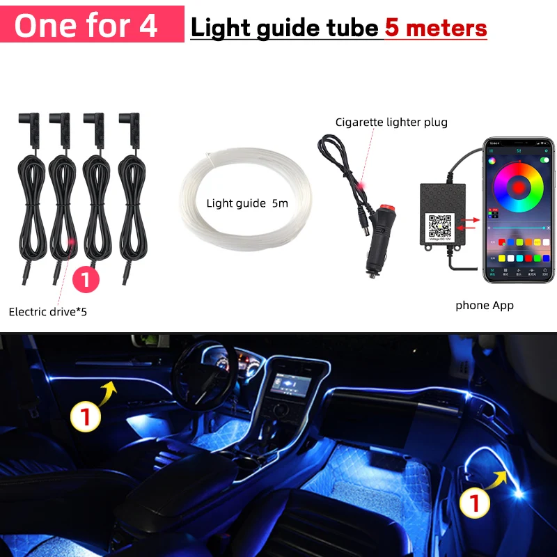 

Interior Ambient Decorative Lamp Bulb Fiber Optic Strips Accessories App Control Music Super Bright RGB LED Atmosphere Car Light