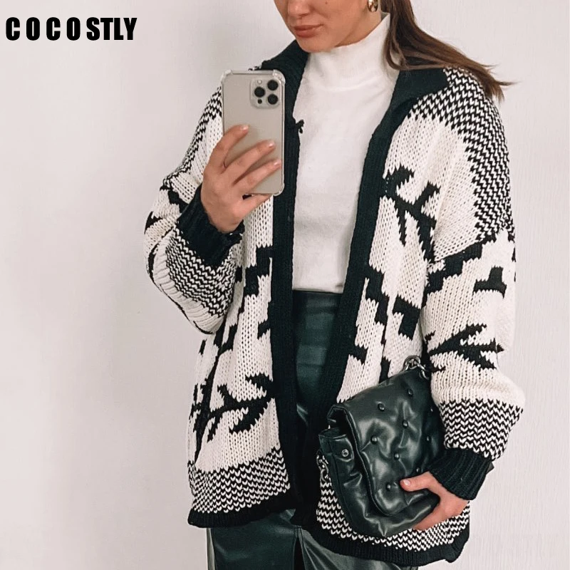 

New 2022 Women Cardigan Loose Jacquard Open Knit Cardigan Sweater Vintage Long Sleeve Ribbed Trims Female Outerwear Chic Tops