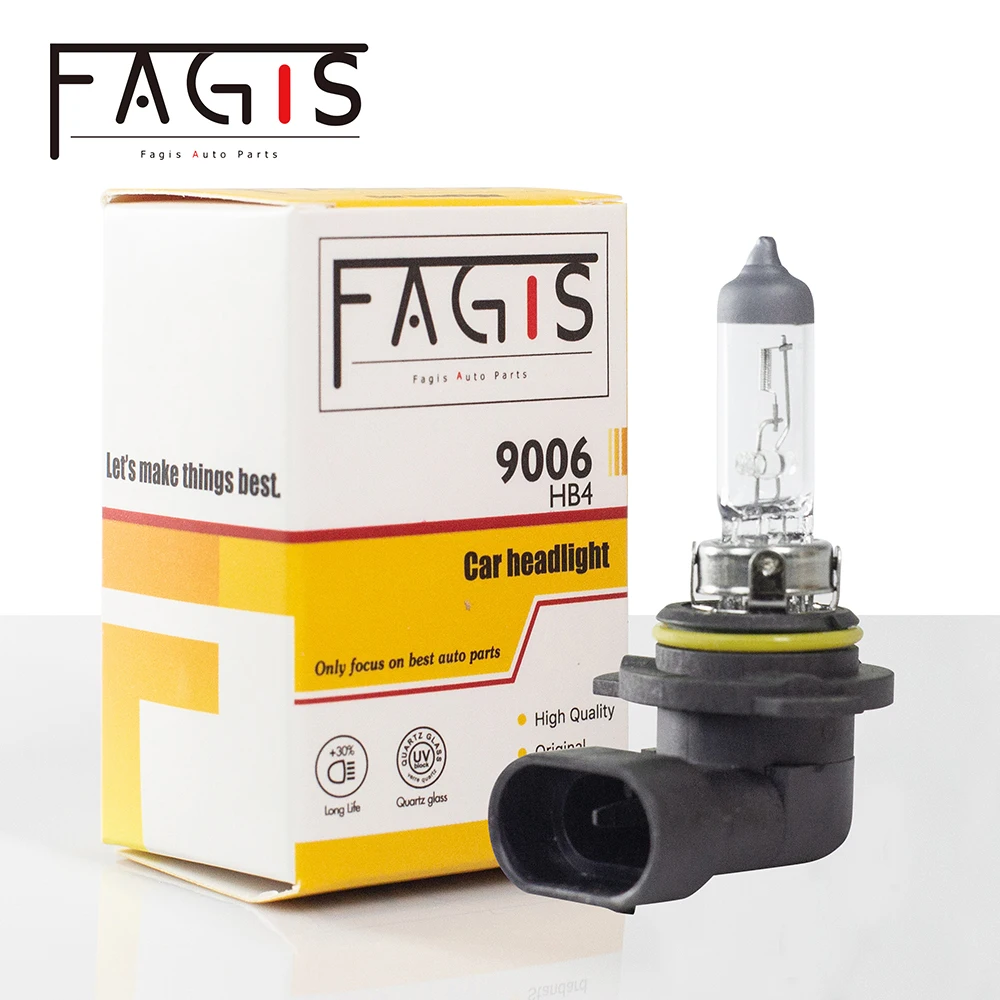 Fagis 1Pcs US Brand 9006 HB4 12V 55W Clear Halogen Lamp White Car Headlight Bulb Auto Light 3350K UV Quartz Glass