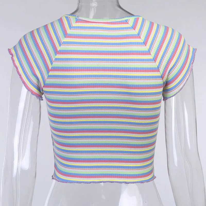 

2020 Summer Color Striped Navel Slim Square Neck Short Sleeve T-Shirt Women