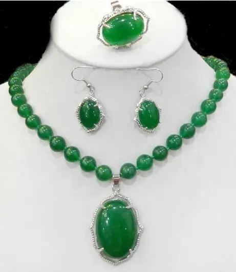 

Natural Charming 8MM Green Jade Gemstone Necklace Ring Earring Jewelry Sets
