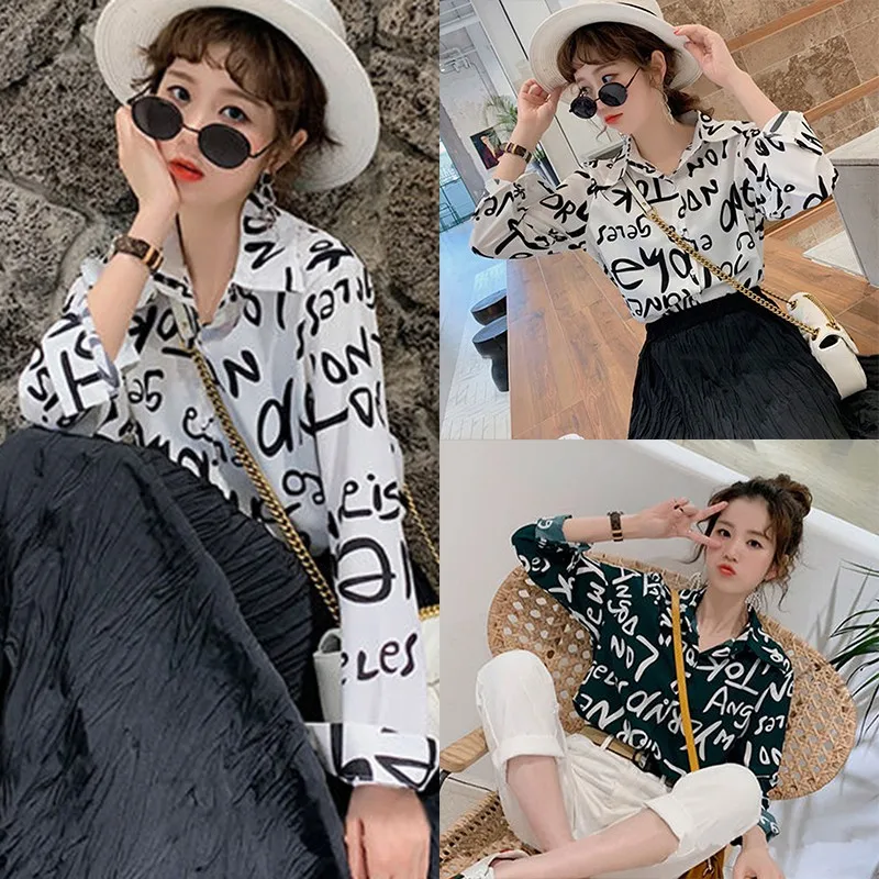 

Women Blouses Autumn Letters Printed Turn-down Collar Casual Tops Ladies Long Sleeve Vintage Office Fashion Shirts