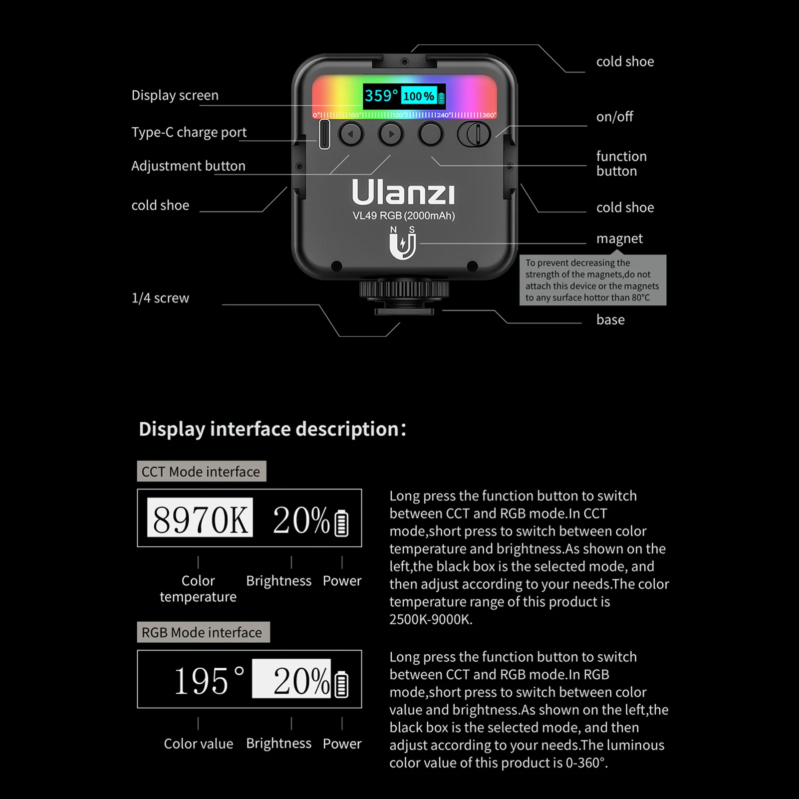 Лампа Ulanzi с RGB подсветильник кой для видеоссветодиодный емки 2500K 9000K регулируемой