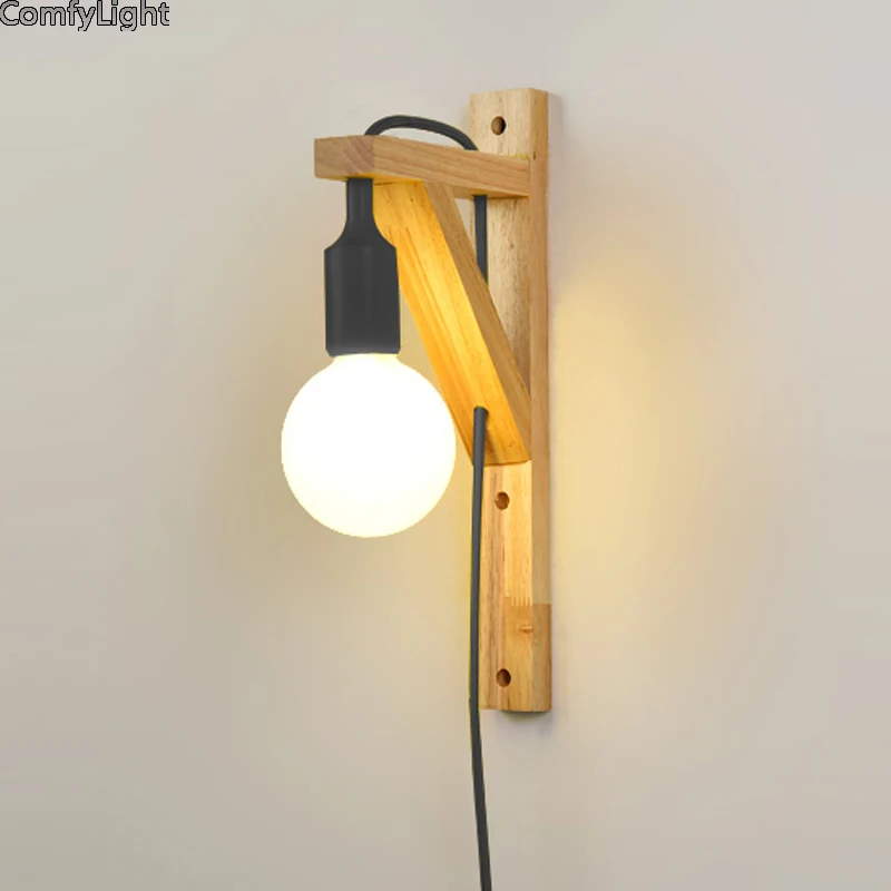 

Modern indoor wall light anywhere design lamp wood Plug bed head bedroom light dressing room child decorative wall light Sconces