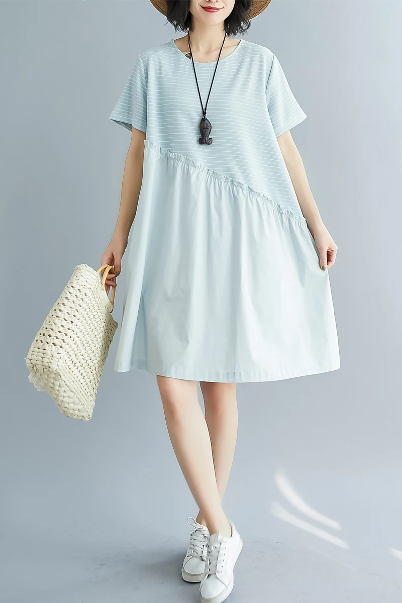 COIGARSAM Striped Women dress New Summer Patchwork Loose Dresses Black Light Blue Turmeric 1976 | Женская одежда