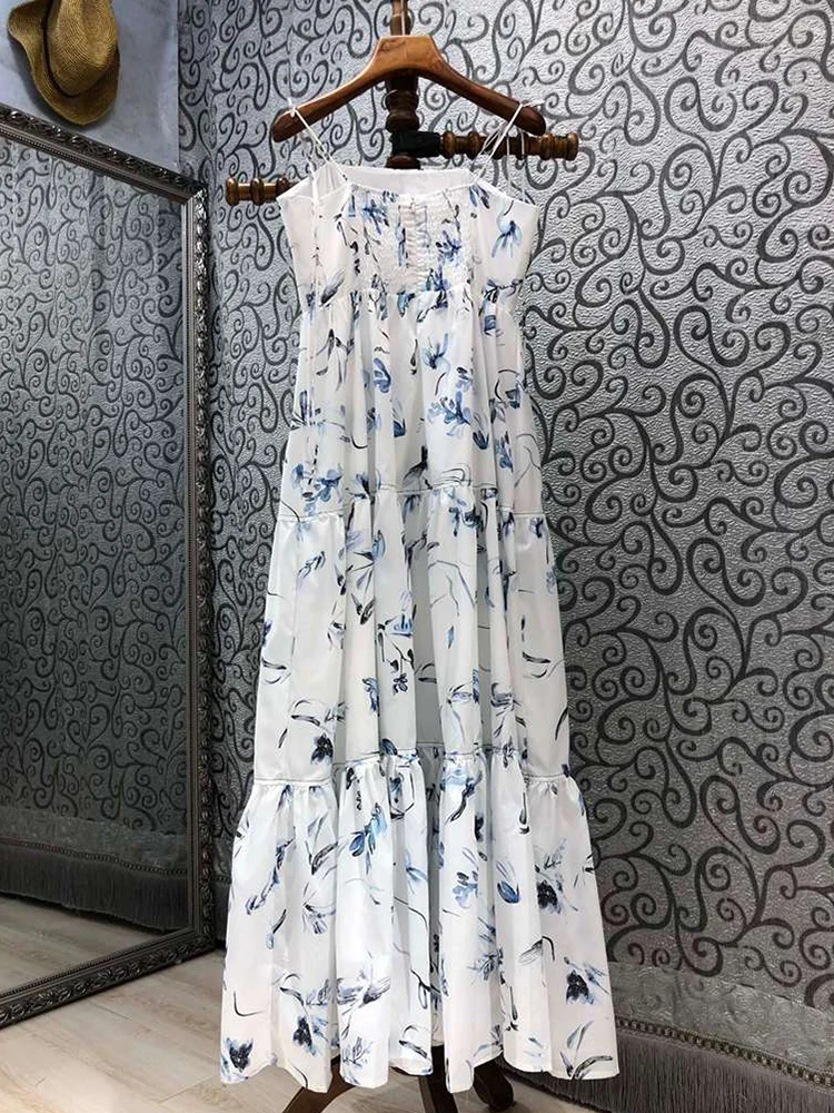 

Australia niche summer new style pure cotton print temperament slim long skirt suspender dress holiday long skirt female