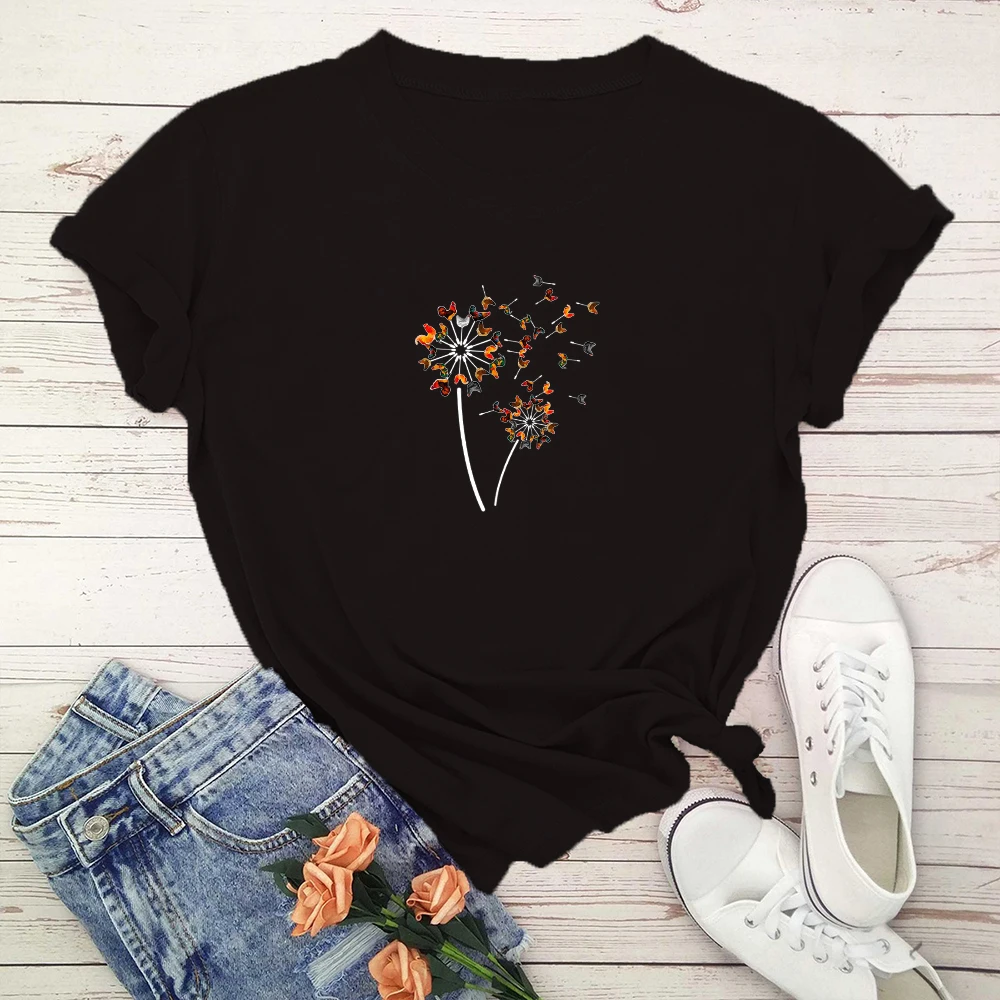 

Футболка женская с принтом одуванчика и коротким рукавом, весна-лето