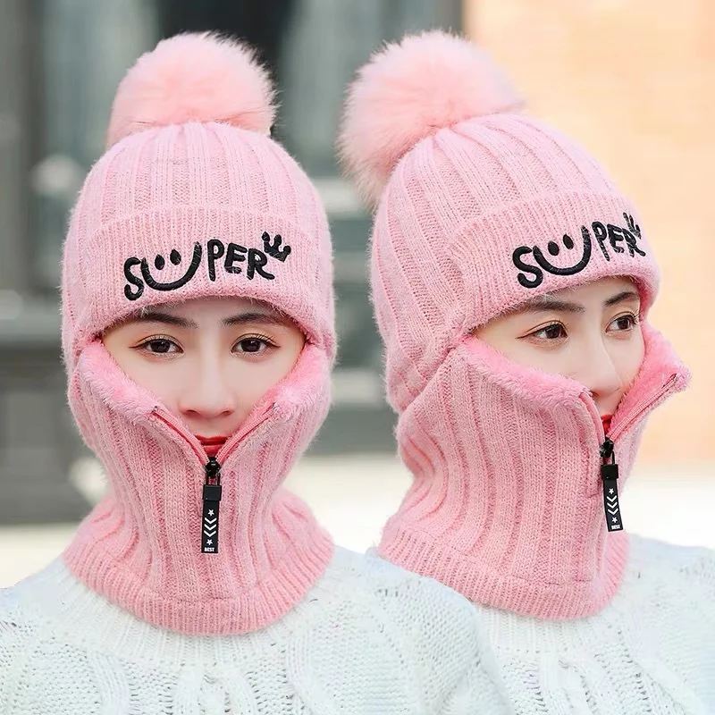 

Women Wool Knitted Hat Ski Hat Sets For Female Windproof Winter Outdoor Knit Warm Thick Siamese Scarf Collar Warm Hat Girl Gift