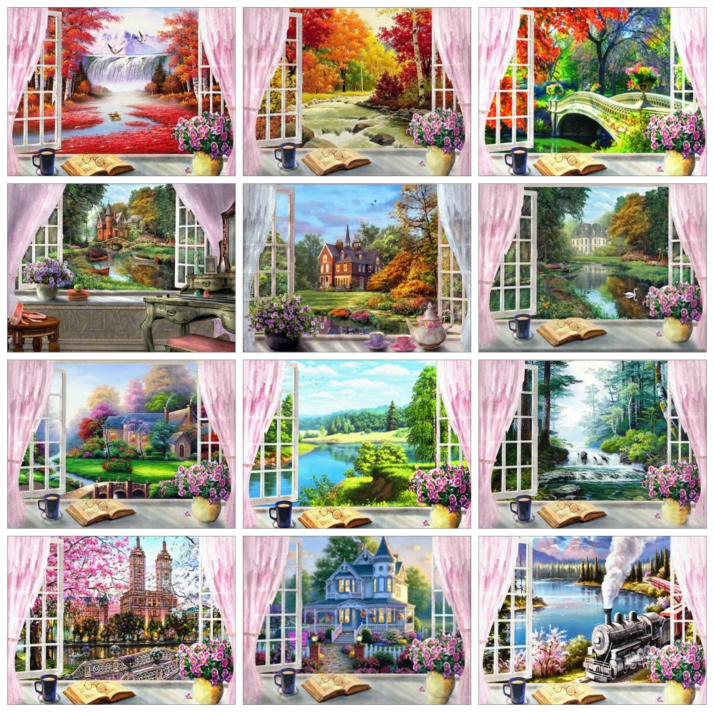 

5D DIY Window Scenry Diamond Painting Kits Full Square Round with AB Drill Mosaic Embroidery Cross Stitch Art Crafts Home Decor