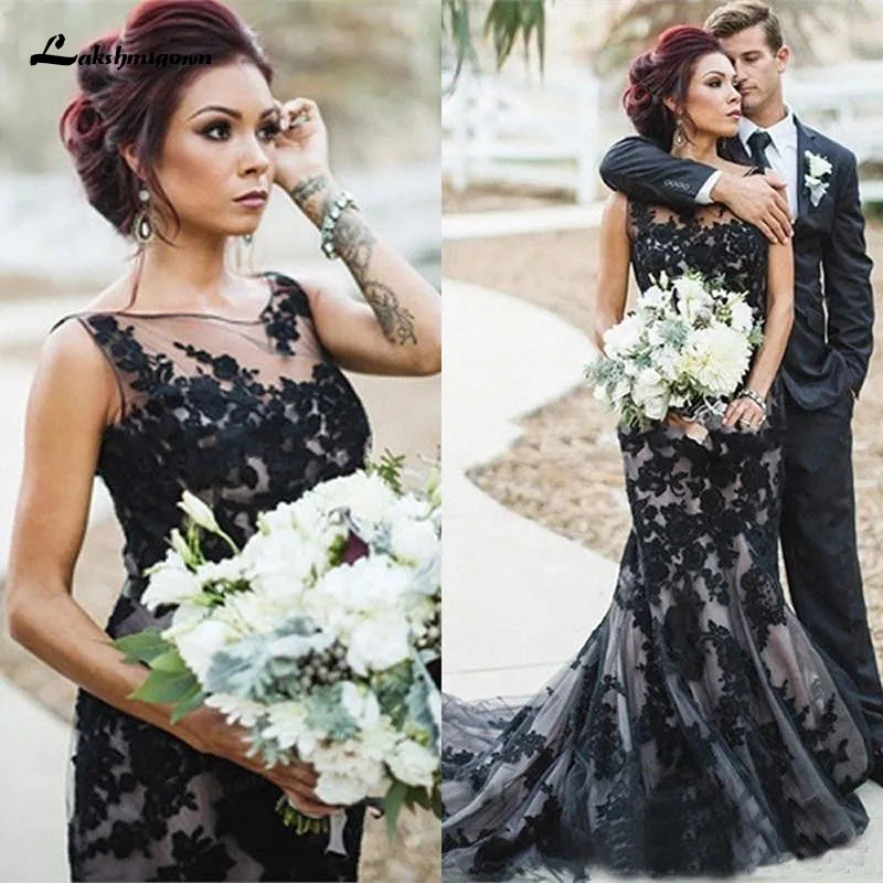 

Elegant Mermaid Beach Wedding Dress Black Lace Appliques Sleeveless Scoop Neck Bridal Gowns Vestido De Noiva lakshmigown 2022