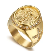 jesus christ church ring gold color stainless steel round religion cross rings for men punk rhinestone jewelry gift dropshipping