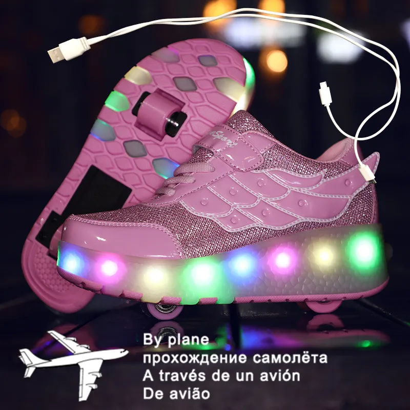 

2020 New Glowing Sneakers on Wheels USB Charging Luminous Shoes Wheels LED Flashing Double Wheels Roller Skates Size 27-40