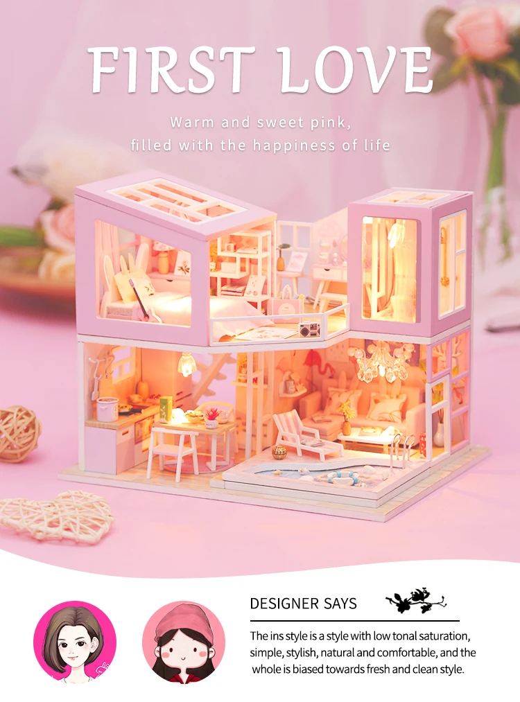 

Diy Dollhouse Pink First Love Hut Assembled Miniature Furniture for Doll House Wooden Toys Dollhouse Building Kits Toys for Girl