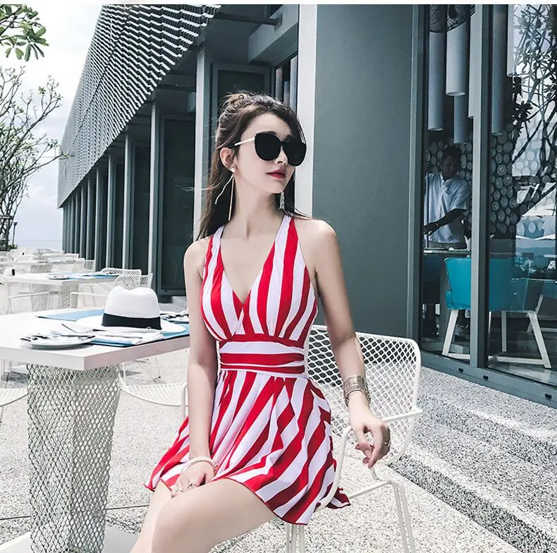 Женские красивые купальники платье женский купальник Цельный бикини в полоску
