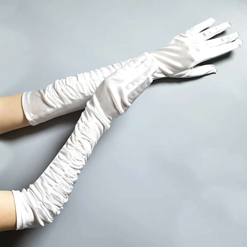 

1Pair Black Red White Women's Long Satin Full Finger Glove Wrinkle Design Evening Dress Dance Performance Gloves