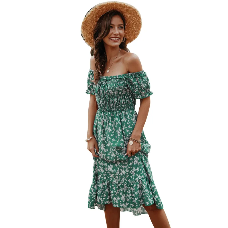 

Women Short Sleeve Slash Neck Sexy Off Shoulder Pleated Dresses Floral Print Bandage Casual Slim Dress Vestidos Mujer De