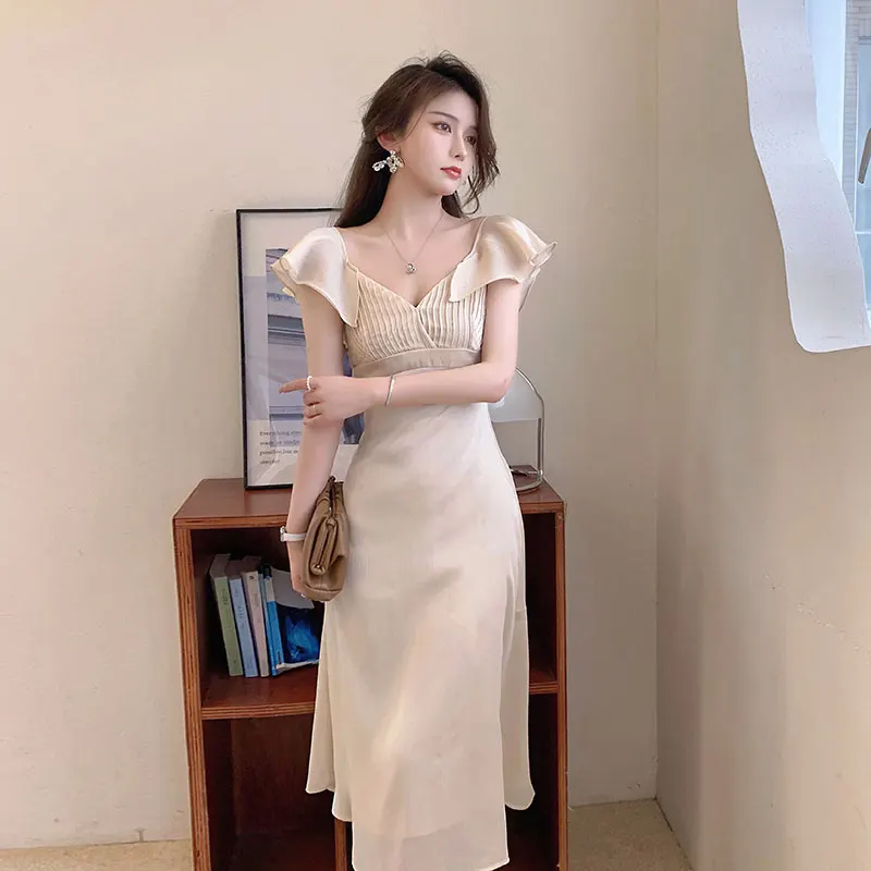

Apricot Colour Sexy Elegant Dress Summer New French V-Neck Flying Sleeves High Waist Slim Elegant Dress Women