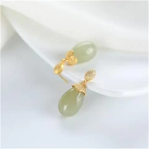 

Hetian Gray Jade Retro Hong Kong Style Earrings All-Match Exaggerated Earrings Simple Cold Style Sterling Silver Gold-Plated Hig