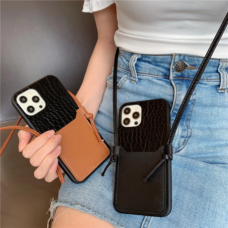 

Crossbody lanyard Crocodile leather wallet case for iPhone 13 13Pro 11 12 12Pro Max XR X XS Max 7 8 Plus SE phone bag cover