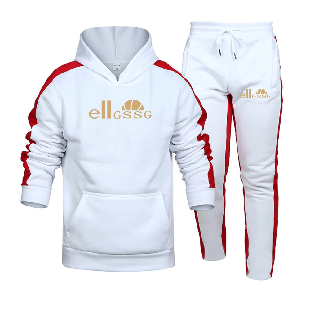 

Men's Spring and Autumn Sports Suit Pure Color Simple Style Striped Hoodie Pocket Breathable Feet Tie Rope Trousers Two Pieces