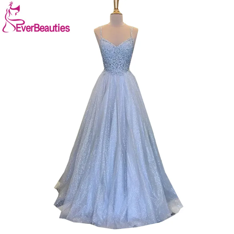 Бальное платье с блестками длинное вечернее из тюля на тонких бретелях 2020 |