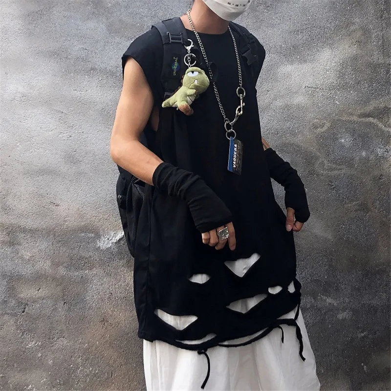 

Summer Men Black White Gray Ripped Destroyed Hole Punk Tank Top Hip Hop Street Vest Men's Vintage Sleeveless Shirt