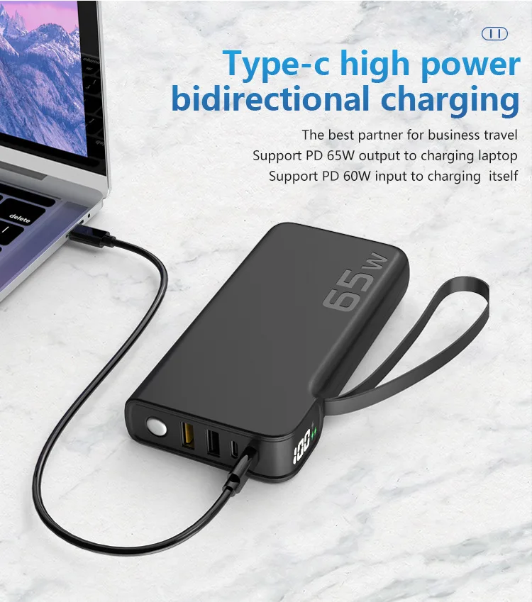 20000 mAh Display  65W Mobile Power PD Fast Charger for MacBook Huawei Mobile Phone Fast Charging Protocol