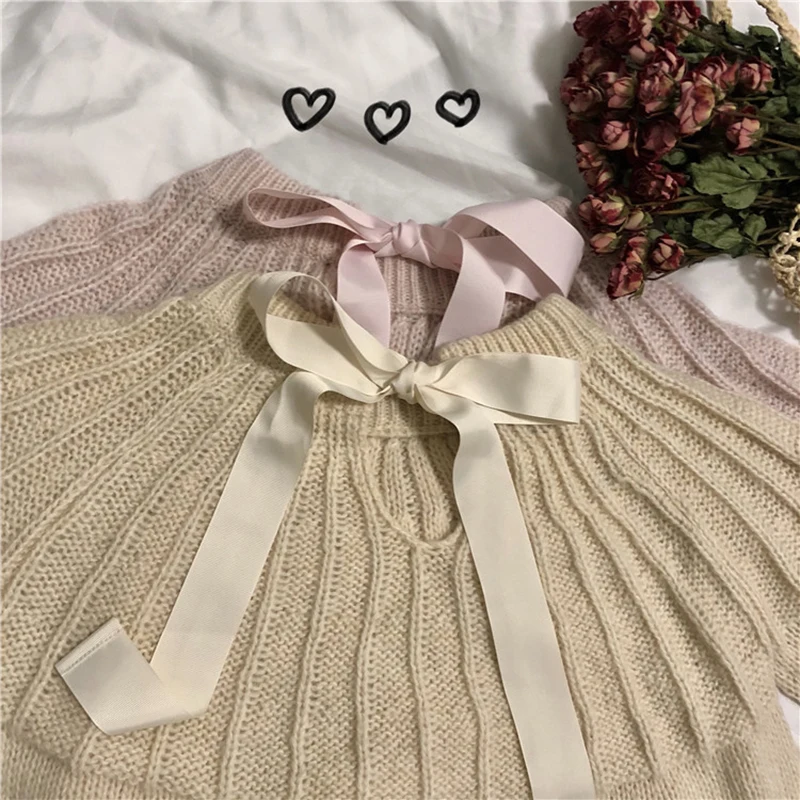 Женский свободный свитер с рукавами-фонариками спереди и сзади бантом женская