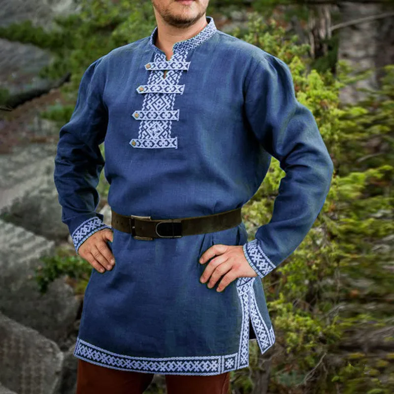 

Medieval Viking Tops Mens Shirt Tunic Long Sleeve Robe Grown Medieval Renaissance Cosplay Male Stage Costumes with Belt M - XXXL