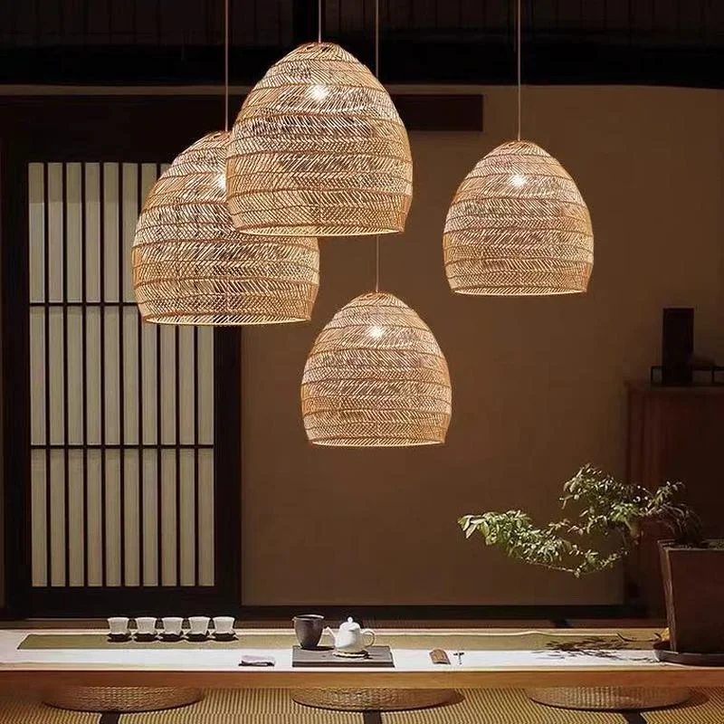 Handmade Rattan Lamp Chandelier Hanging Lights Retro Japanese Living Room Dining Room Pendant Lamp Southeast Asia Bamboo Lamp