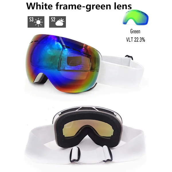 White - green lens Лыжные очки двухслойные лыжные очки UV400 Анти-туман Лыжная маска Чехол для мужчин и женщин зимние сноуборд очки Сноубординг снегоход - Цвет: White - green lens