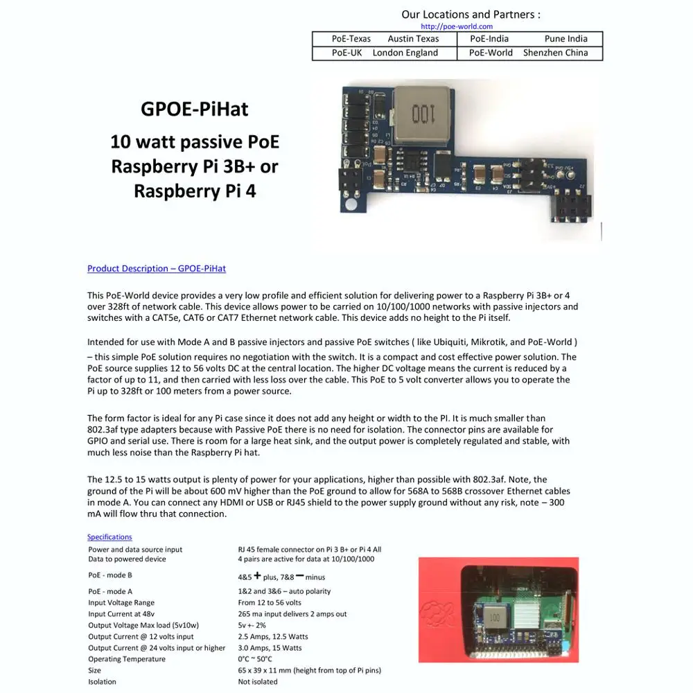 POE пассивный выход печатной платы PiHat 5 в 10 Вт PoE для Raspberry Pi 3B + или 4 GPIO и