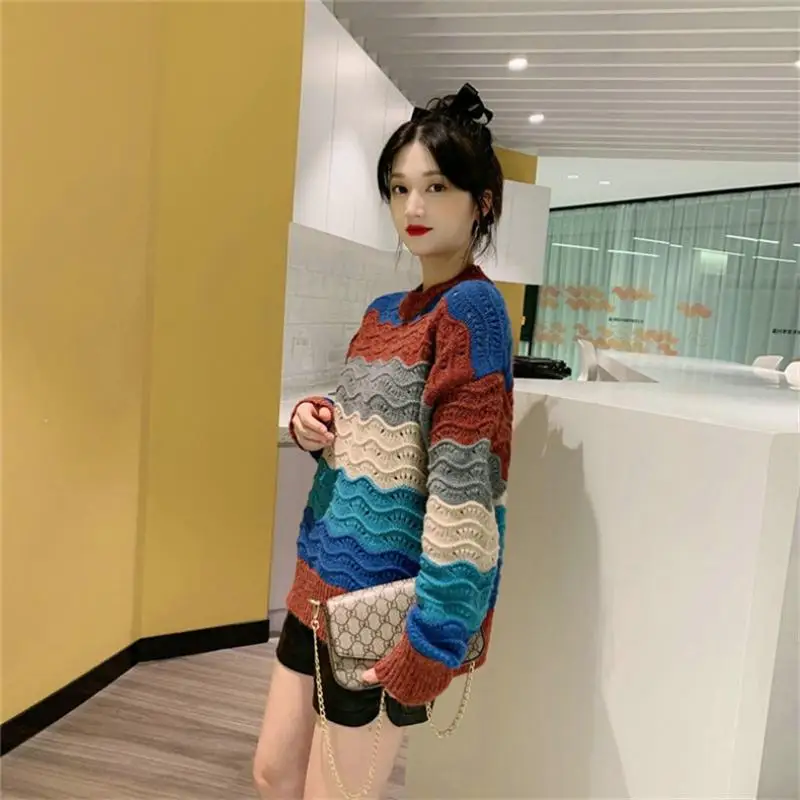 

Spring and autumn western style sweater women's tide loose outer wear new style western style wave color striped knitted sweater