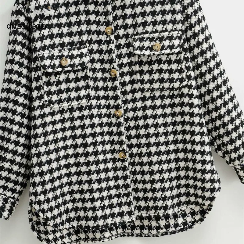 

women black and white houndstooth oversized tweed jacket woolen blend plaid shirt coat checked overshirt garment outerwear C137