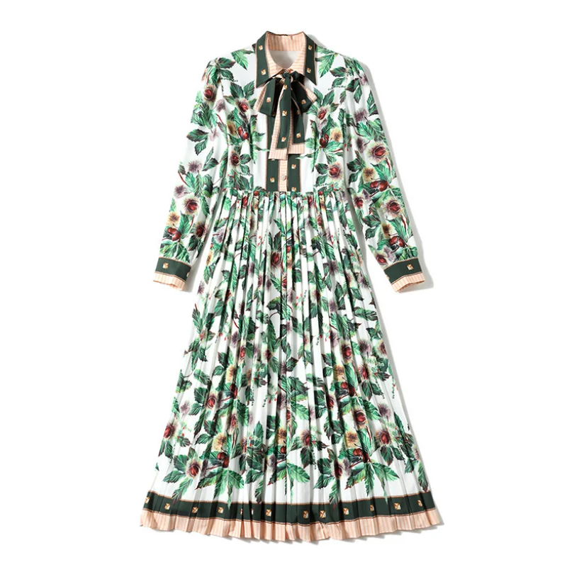 

spring and autumn women's new fashion tie-collar square neck long-sleeved mid-length skirt waist slimming pleated dress