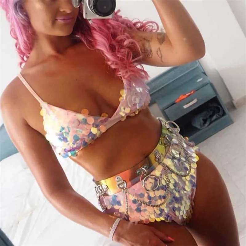 Комплект бикини с блестками Женский пикантный бюстгальтер на бретелях спагетти